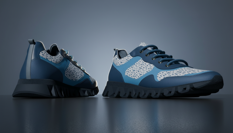 Render 3D de zapatilla deportiva en azul con patrón texturizado, visualización de producto para calzado