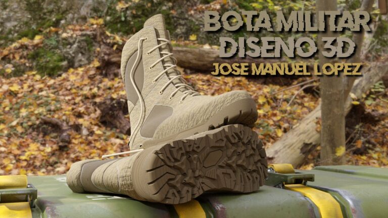 Render 3D de bota militar con suela taqueada y texto “Bota militar diseño 3D”