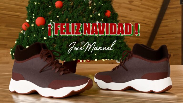 Render 3D de zapatillas en escena navideña con texto “Feliz Navidad”