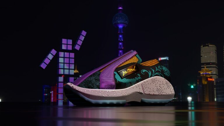 Render 3D de zapatilla conceptual en escena urbana nocturna con luces de ciudad
