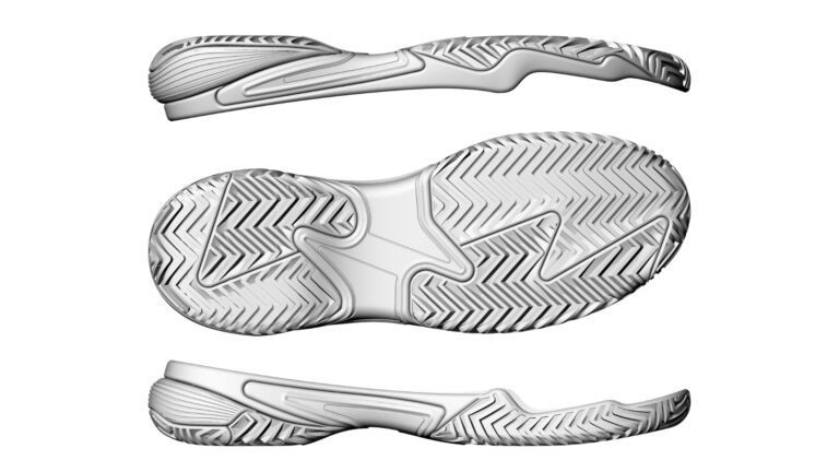 Vistas técnicas 3D de suela de zapatilla: planta y perfiles laterales